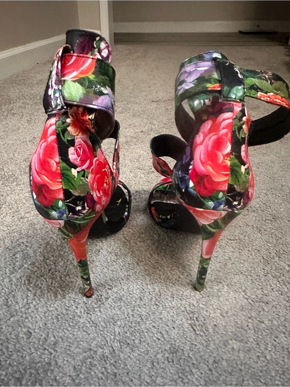 Steve Madden Floral Ankle-Strap Heels - Black with Red, Green, Blue Accents - Picture 6 of 10